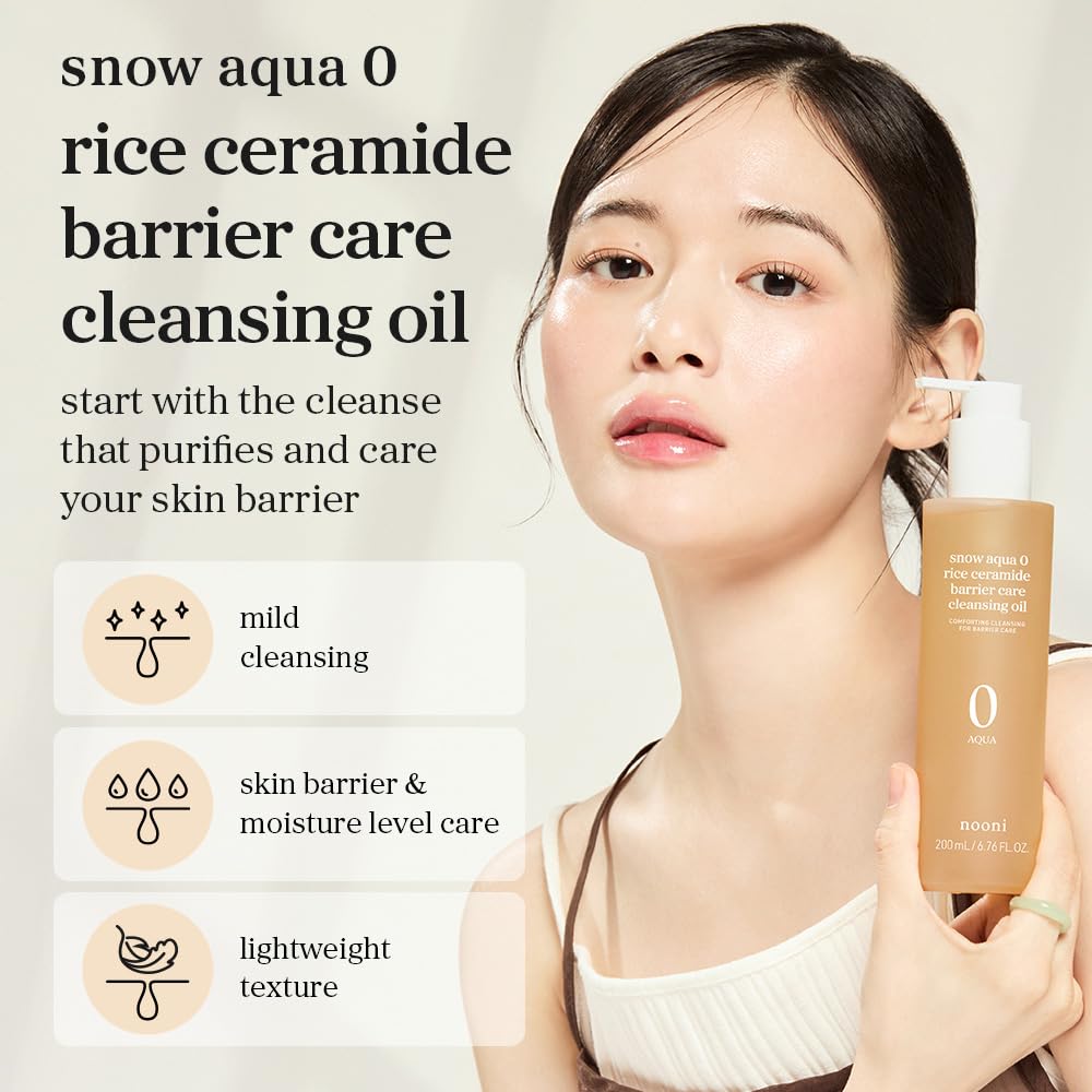 NOONI Korean Cleansing Oil – Snow Aqua 0 Rice Ceramide Barrier Care Cleansing Oil | Makeup Remover, Face Wash, Gentle Facial Cleanser, Pore Care, Korean Skin Care, Vegan, 6.76 Fl Oz