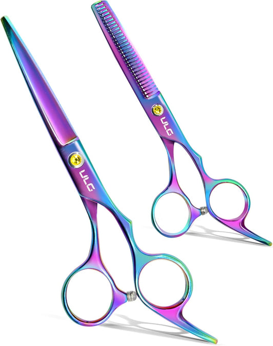 ULG Professional Hair Scissors Kit 6.5 inch Right-Hand Razor Edge Barber Scissors Salon Hair Cutting Shears Made of Japanese Stainless Steel, Hand Sharpened Rainbow