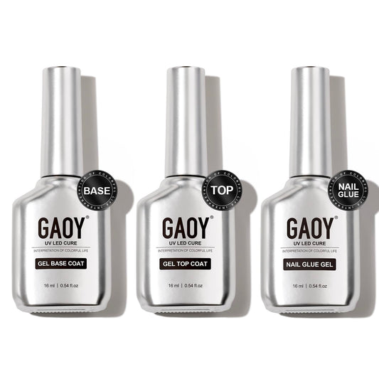 GAOY Gel Top Coat, Nail Glue Gel and Base Coat Set, 3 Pcs 16ml Clear Glossy No Wipe Combination for UV Light Cure