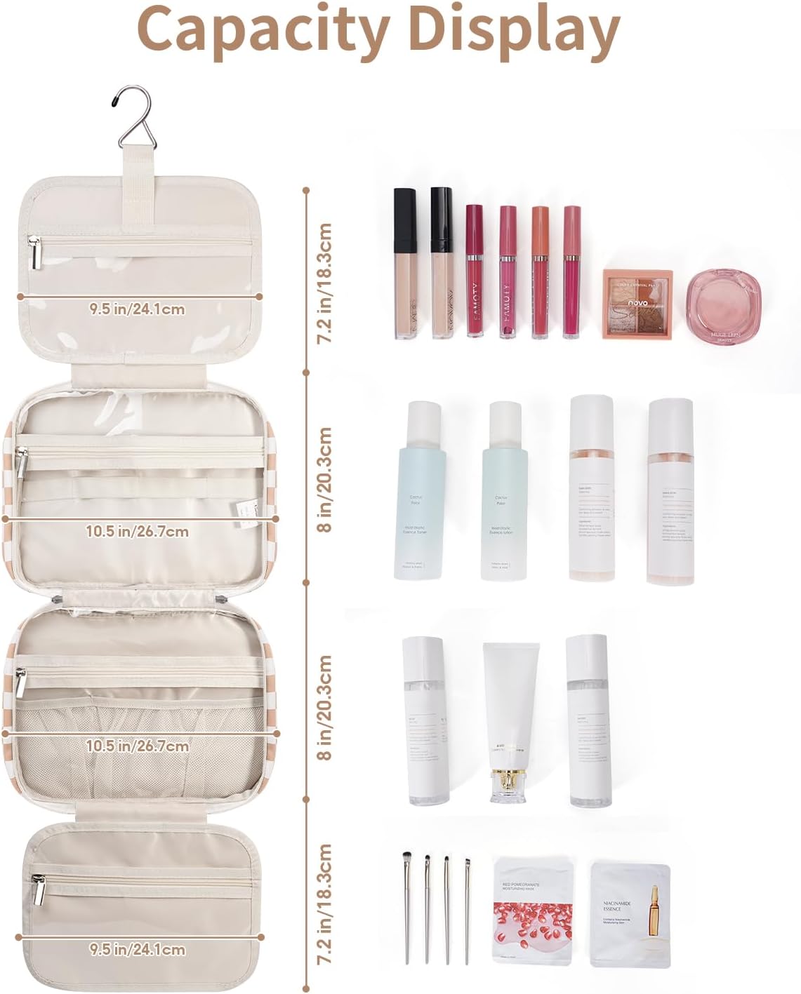 Narwey Hanging Toiletry Bag for Women Travel Makeup Bag Organizer Toiletries Bag for Travel Size Essentials Accessories Cosmetics (Light Checkerboard (Medium))