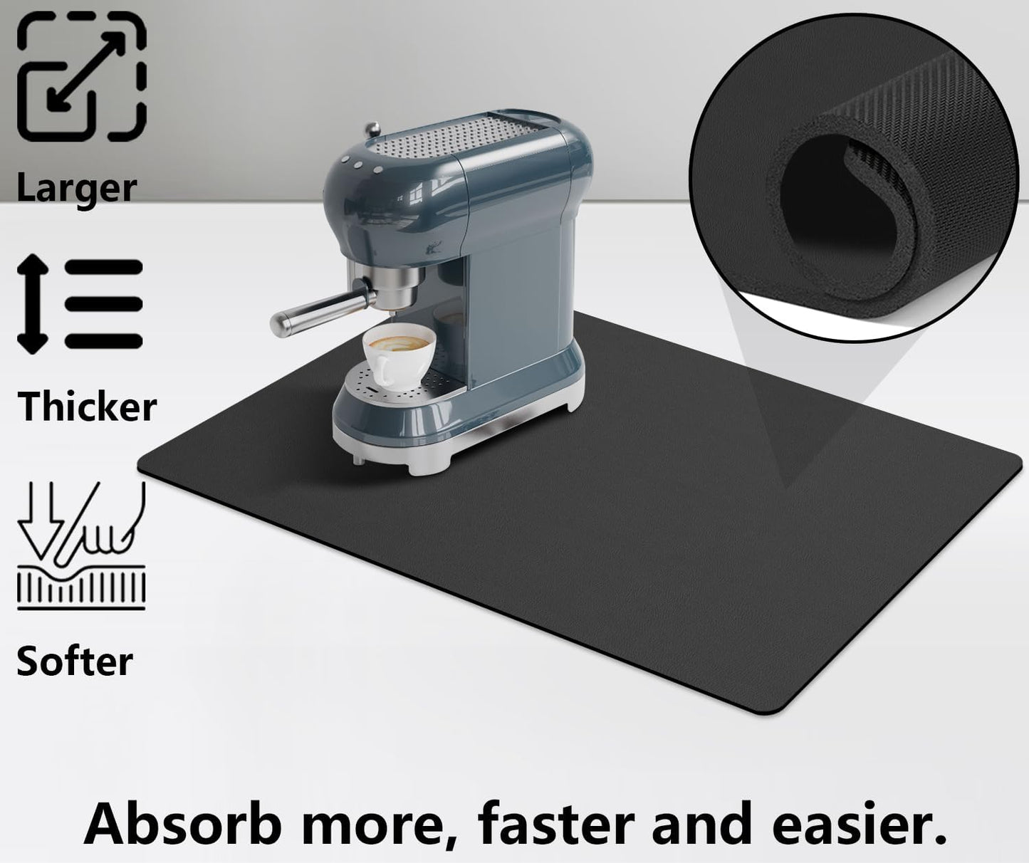 Coffee Maker Mat Accessories for Countertop - Rubber Backed Dish Drying Mat for Kitchen - Absorbent Hide Stain Mat, Wipeable 25x17in
