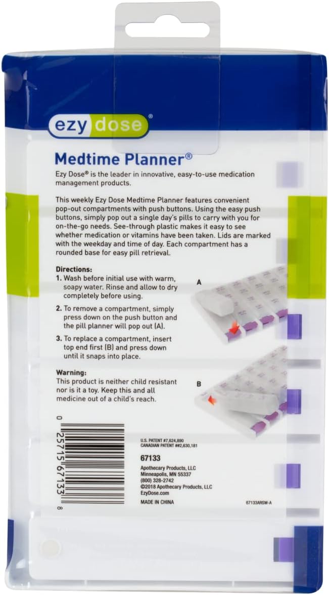 EZY DOSE Weekly (7 Day) 4 Times a Day Push Button Pill Organizer and Vitamin Planner, Removable Daily Pillboxes, Blue, Clear Lids, Large, BPA Free