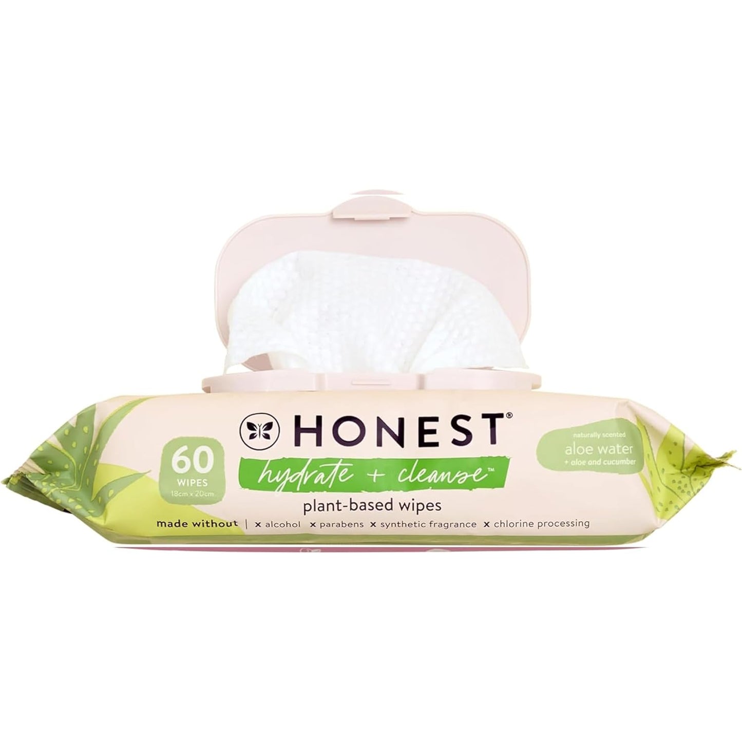 The Honest Company Hydrate and Cleanse Naturally Scented Wipes Cleansing Multi-Tasking Wipes 99% Water Plant Based Hypoallergenic Aloe and Cucumber 60 Count