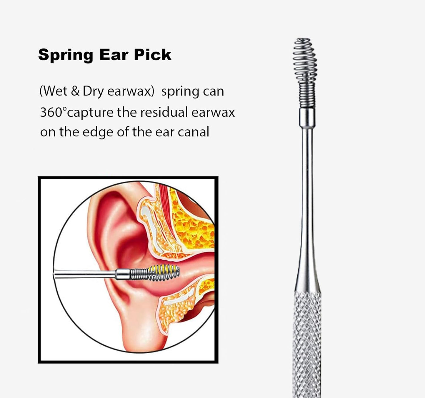 Ear Wax Removal kit, 5 Pcs Stainless Metal Earwax Removal Tool for Adults with Ear Spoon & Spiral Spring, Ear Cleaning Reusable