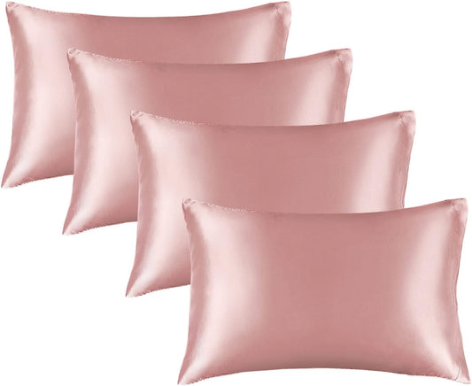 BEDELITE Satin Pillowcase for Hair and Skin, Super Soft Similar to Silk Pillow Cases 4 Pack with Envelope Closure, Cooling Pillowcases for Women Men (20"x36" King Size, Rose Pink)
