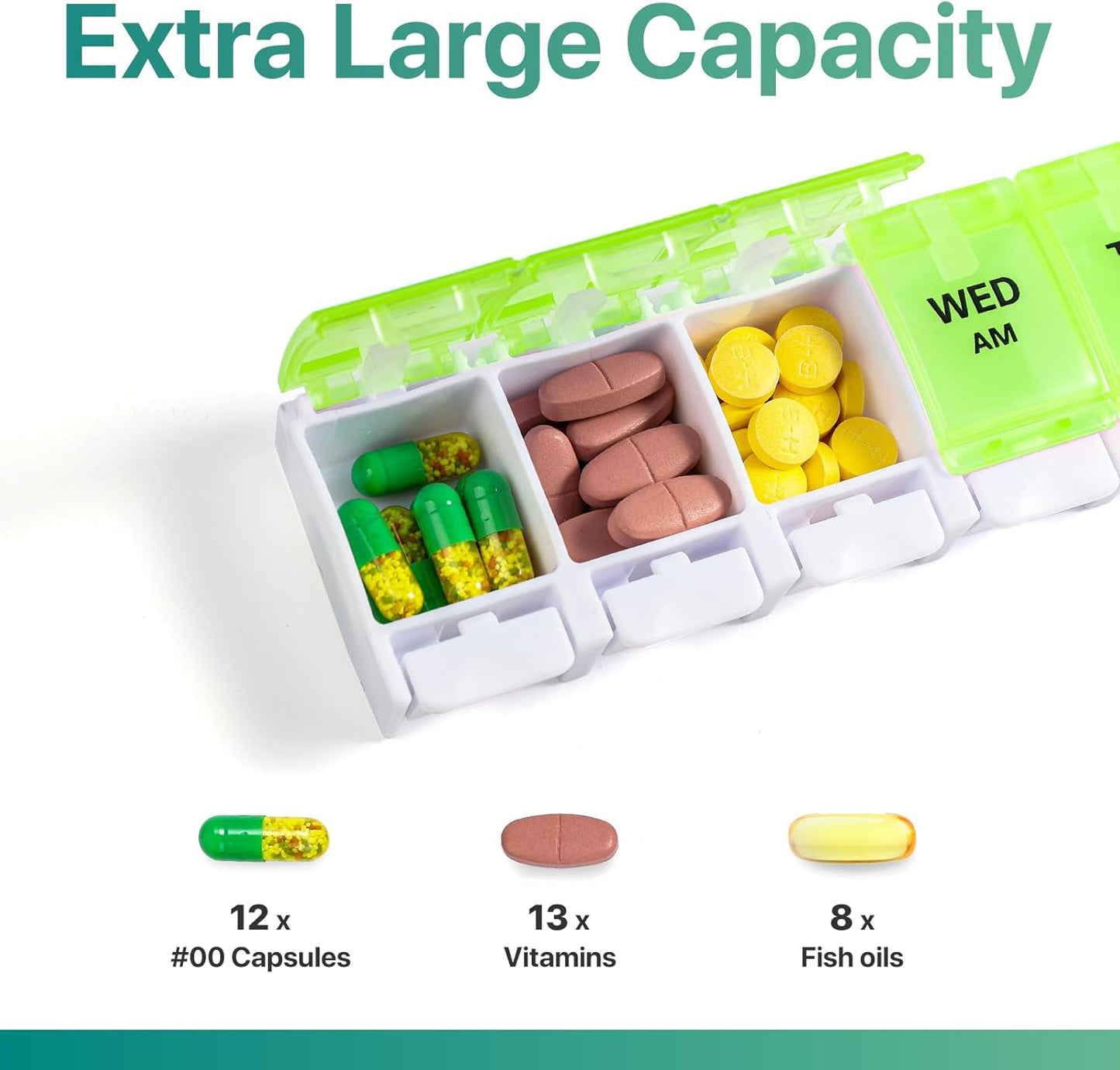 Sukuos AM PM Weekly Pill Organizer 7 Day, 2 Times A Day Medicine Pill Box with Easy Push Button, BPA Free Vitamin Cases for Fish Oil/Supplements, Easy to Clean (Yellow&Green)