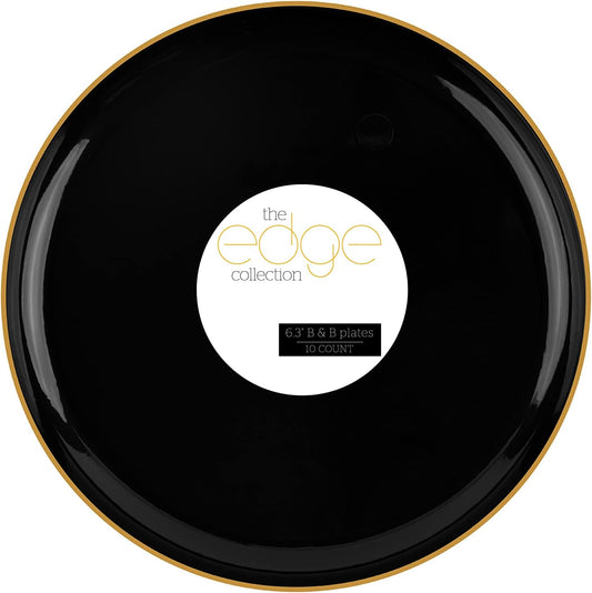 PLASTICPRO [30 pack 6.3 Plastic Party Plates Edge Collection Premium heavyweight Elegant Disposable Tableware Dishes (Black With Gold Rim