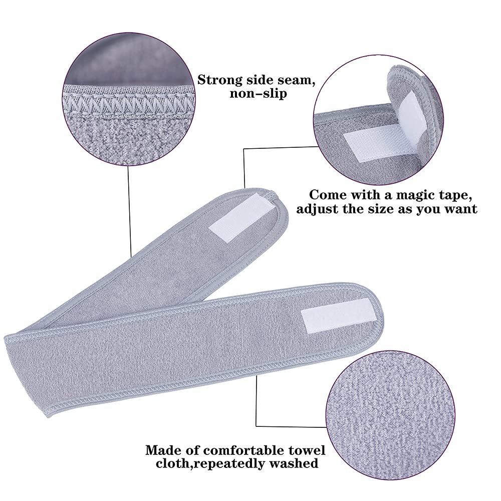 Facial Spa Headbands 4 PCS , Makeup Shower Bath Wrap Sport Headband Terry Cloth Stretch Towel with Magic Tape (Gray)