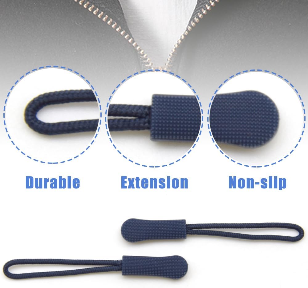 Ruidee 50 Pieces Zipper Pulls Zipper Tabs Zipper Pull Cord Extender Replacement Zipper Pulls for Backpacks, Jackets, Luggage, Purses, Handbags（Dark Blue）