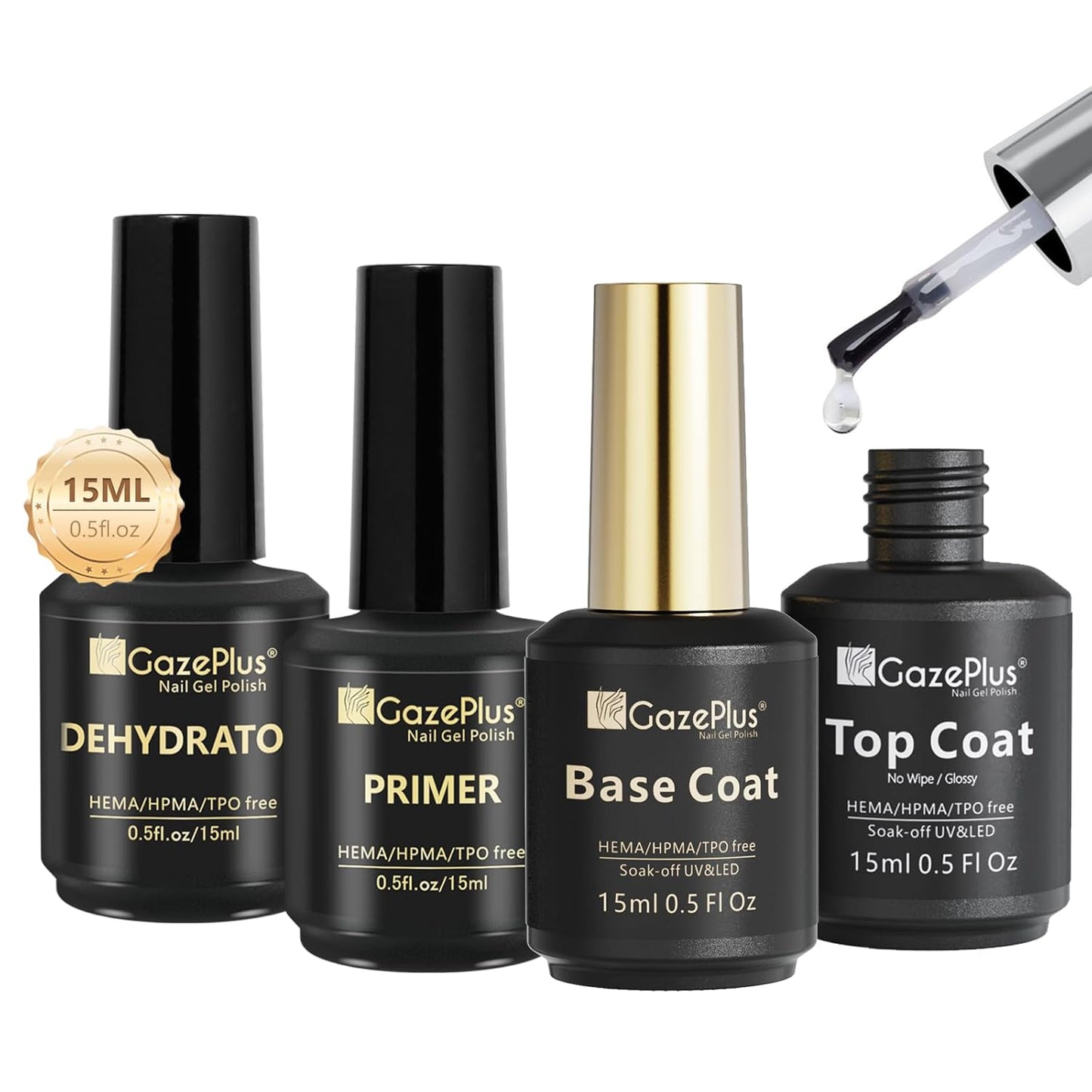15ML Top Coat & Base Coat Set with Nail Primer and Nail Prep Dehydrator, Acid-Free Hema-free Dehydrate & Primer Set Shiny Top Coat for Acrylic Gel Nail Gel Polish Manicure