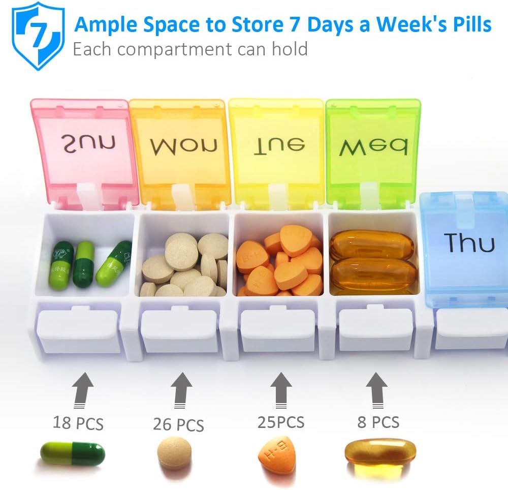 GOGOODA 2 Pack Weekly Pill Organizer Arthritis Friendly, Travel 7 Day Pill Holder Vitamin Container Organizer with Popup Open Design and Ample Space to Hold Vitamins, Fish Oil and Medication