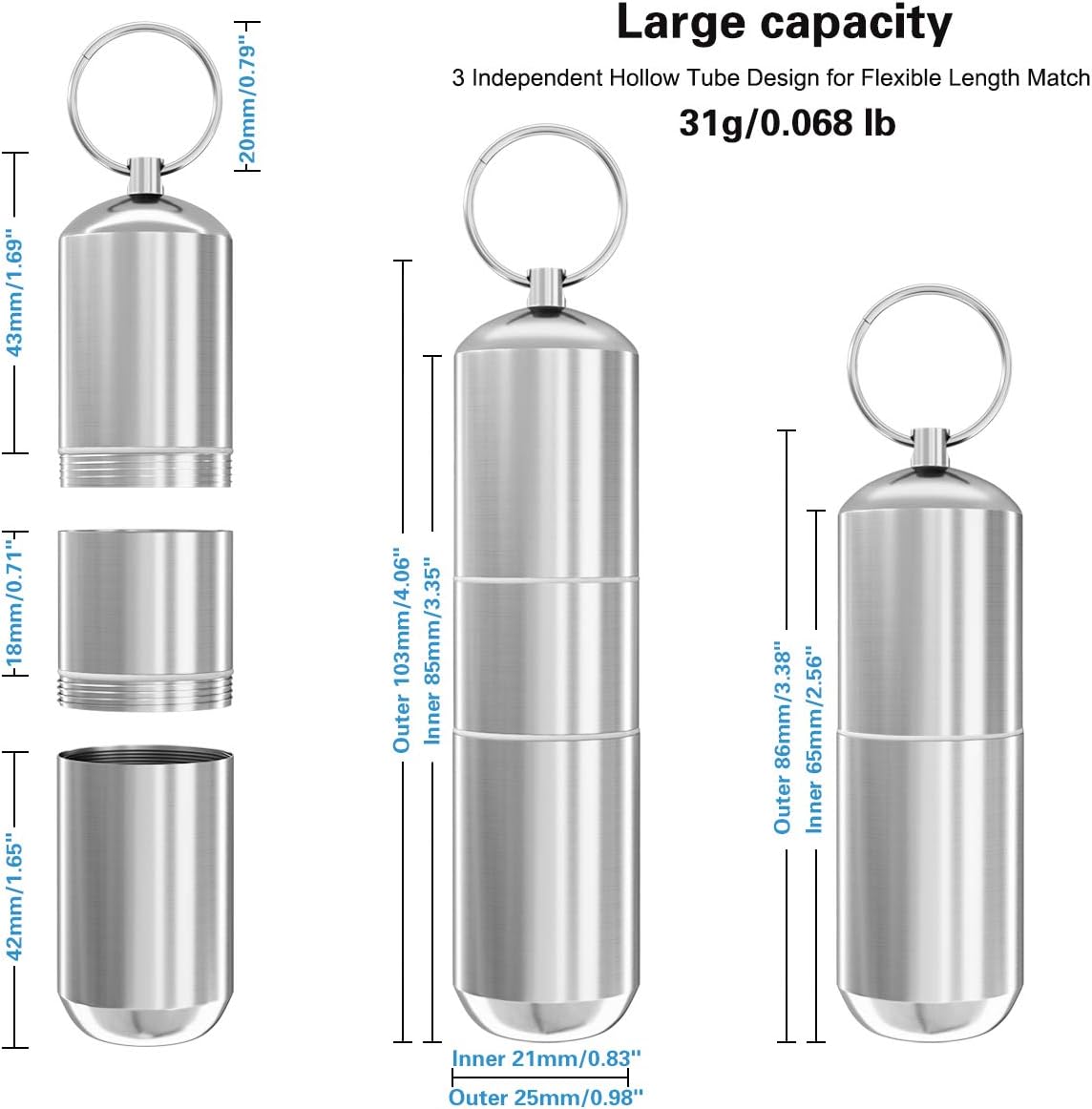 Minisland Large Portable Metal Aluminum Toothpicks Holder Dental Floss Picks Q-tip Pill Holder Keychain Outdoor Travel Small Container Waterproof Silver Color Dia.25mm -MSL143
