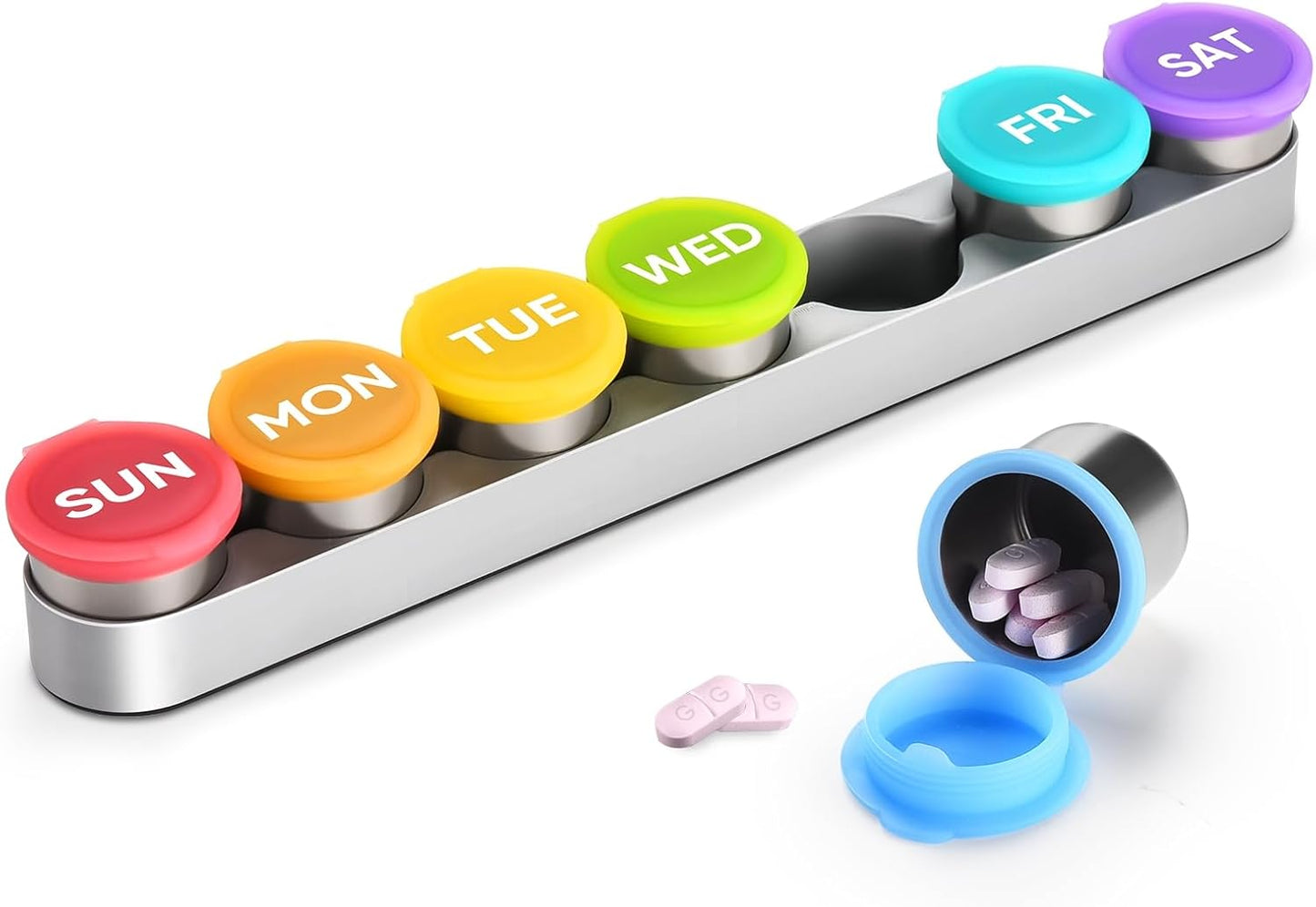 Weekly Metal Pill Case 7 Day, Stainless Steel Pill Box Organizer for Travel, Waterproof Medicine Container, Portable Daliy Pill Holder for Vitamins Fish Oils (Large)