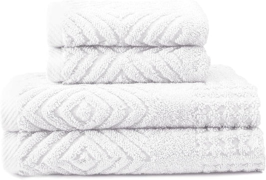 Texere 100% Organic Cotton Diamond Jacquard 700 GSM Luxury Bath Towel Sets - Ultra Soft and Absorbent Hotel and Spa Quality (Diamond, Bright White, 2 Hand & 2 Wash Towels)