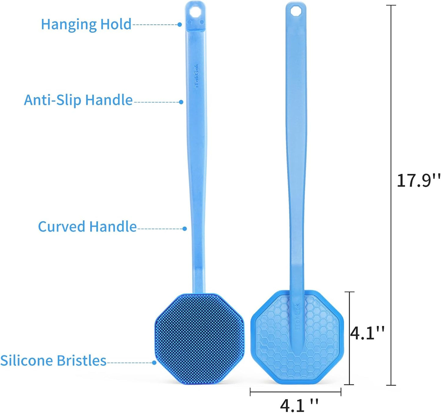 iTokGoK® Silver-Infused Silicone Back Scrubber with Long Handle Back Brush for Shower,Back Brush Long Handle for Men and Women,Ergonomic No-Slip Handle, Long-Lasting (Sky Blue)