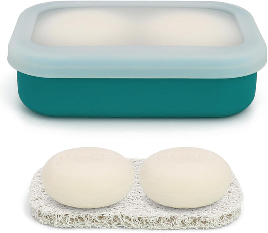 Enhanced Leak Proof Travel Soap Case, AIMAIAIMAI Silicone Soap Container with Draining Layer, Portable Bar Soap Holder for Bathroom, Camping, Gym, Easy to Clean (Translucent & Green)