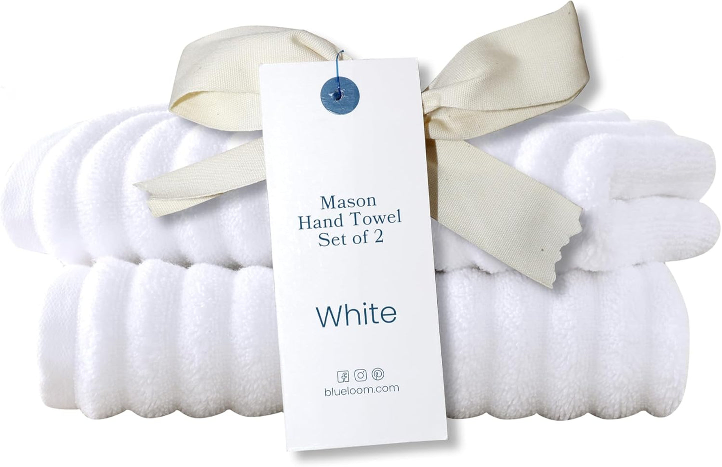 Blue Loom Ribbed Hand 2 Towels Set, 100% Cotton 600GSM, Soft Absorbent Durable Quick Drying for Bathroom - Mason 2 Piece 18" x 30" - White