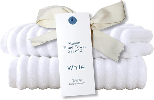 Blue Loom Ribbed Hand 2 Towels Set, 100% Cotton 600GSM, Soft Absorbent Durable Quick Drying for Bathroom - Mason 2 Piece 18" x 30" - White