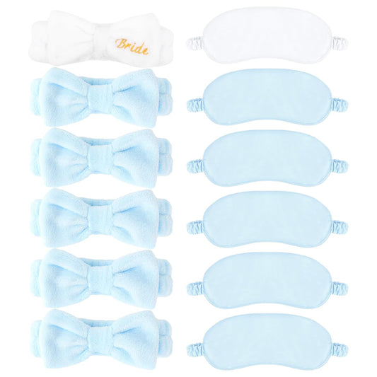Wecoe 12pcs/set Bow Spa Headbands & Eye Masks - Bachelorette Party Favors, Bridal Shower & Bridesmaid Proposal Gifts(White, Blue)