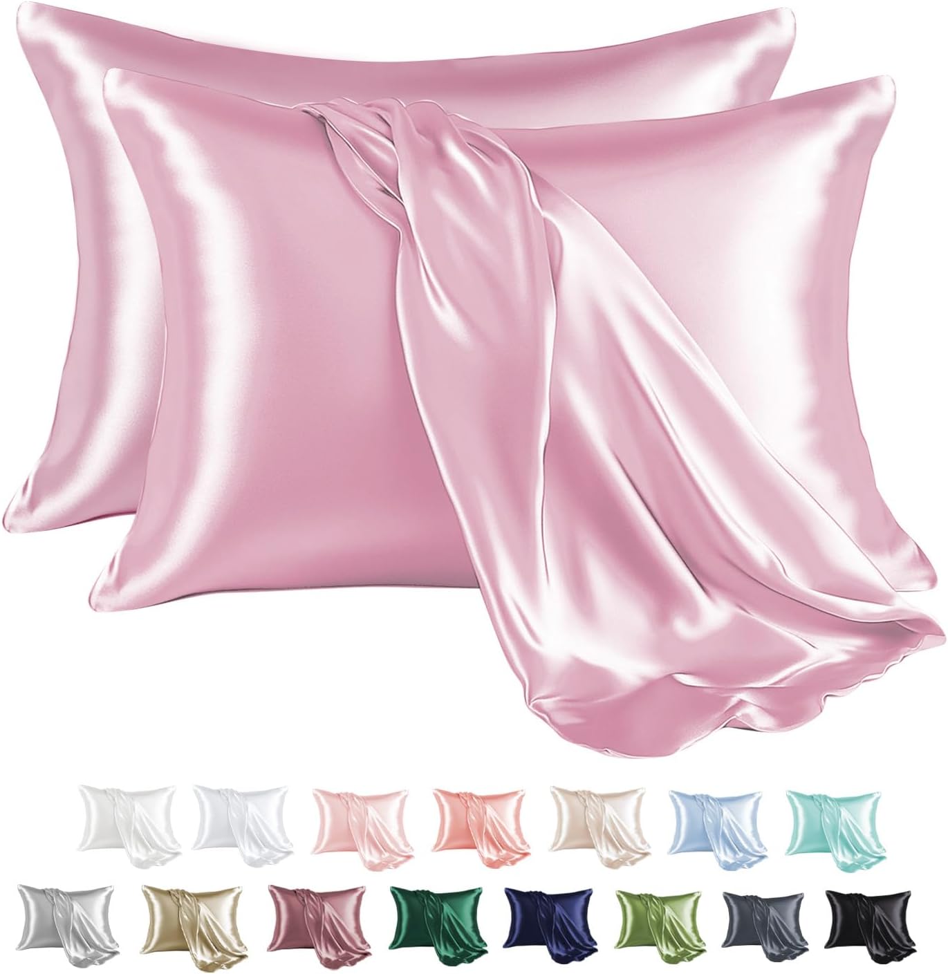 MR&HM Satin Pillowcase for Hair and Skin, Silk Satin Pillowcase 2 Pack, King Size Pillow Cases Set of 2, Silky Pillow Cover with Envelope Closure (20x40, Pink)