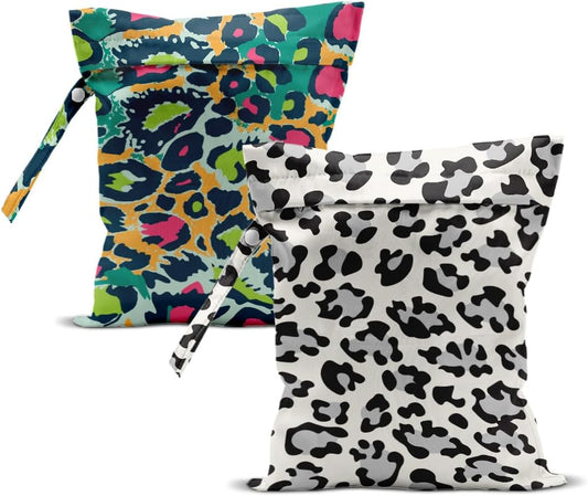 2Pcs Leopard Wet Bag 12x10 Inch, Colorful Leopard Print Waterproof Travel Laundry Bags, Washable Reusable Wet Dry Bag for Swimsuit Beach Diapers Dirty Yoga Gym Clothes, Travel Gifts for Women Friend