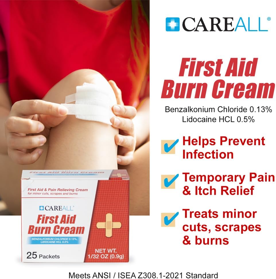 CareALL First Aid Burn Relief Cream 0.9g Packets (Pack of 25) Pain Relieving First Aid Cream for Temporary Relief of Pain from Minor Burns, Cuts, and Scrapes. Prevents Infection