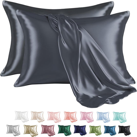 MR&HM Satin Pillowcase for Hair and Skin, Silk Satin Pillowcase 2 Pack, Queen Size Pillow Cases Set of 2, Silky Pillow Cover with Envelope Closure (20x30, Space Grey)