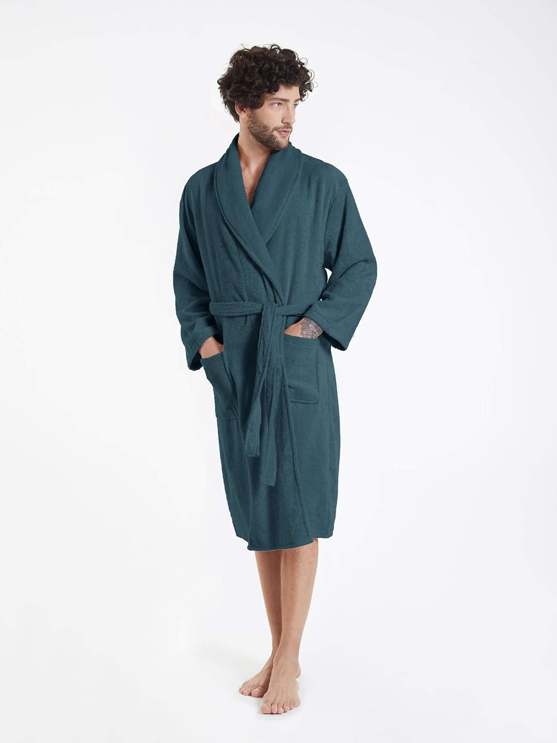 SIORO Mens Terry Bath Robe, Plush Hooded Cotton Cloth Knee-Length Robes for Spa, Shower, Soft Towel Bathrobes with Pockets