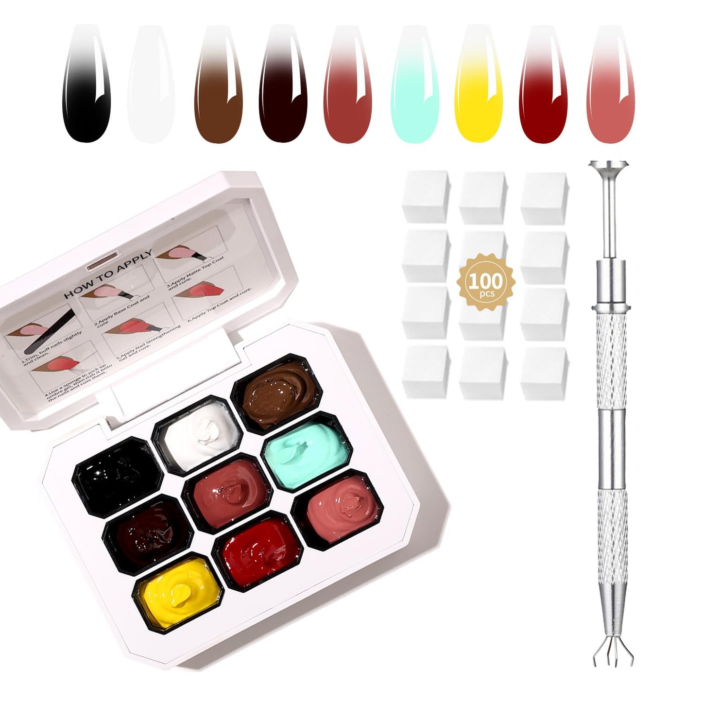 9 Colors Set Ombre Gel Nail Polish,Gel Ombre Color Palette for Nails with 100Pcs Nail Sponges for 3D Nail Art in Salon or Home Use