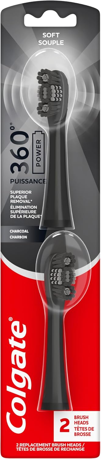 Colgate 360 Power Charcoal Replacement Toothbrush Heads, Works with Any 360 Battery Toothbrush, Features Soft Bristles and a Rubber Polisher on Each Replacement Head, 2 Pack