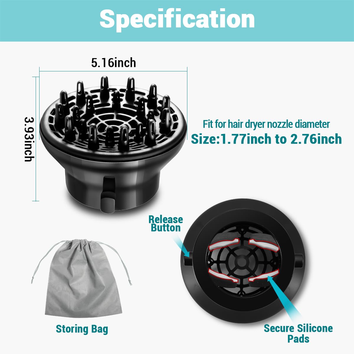 KAHEM Universal Hair Diffuser, Adjustable from 1.77 Inch to 2.76 Inch, Hair Dryer Diffuser Attachment for Frizz-free curly hair,Professional Blow Dryer Diffuser