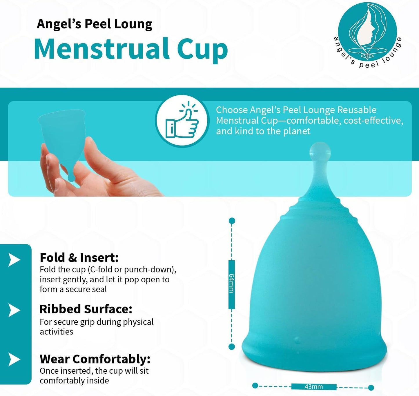 Angel's Peel Lounge Menstrual Cup for Women - 100% Medical-Grade Leak-Free Soft & Flexible Silicone Cup - 12 Hour Leak Protection Eco-Friendly & Reusable Period Cups for Women - Blue - Small