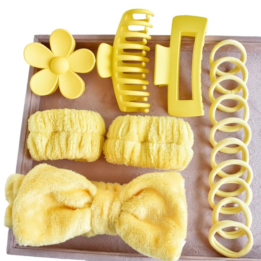 16pcs Skincare Headband Set, Headband Set for Face Washing Spa and Makeup, Including 1 Hairband, Wristband, 3 Hair Claw Clips and 10 Hair Ties, with Box, Gift for Women and Girls, Yellow