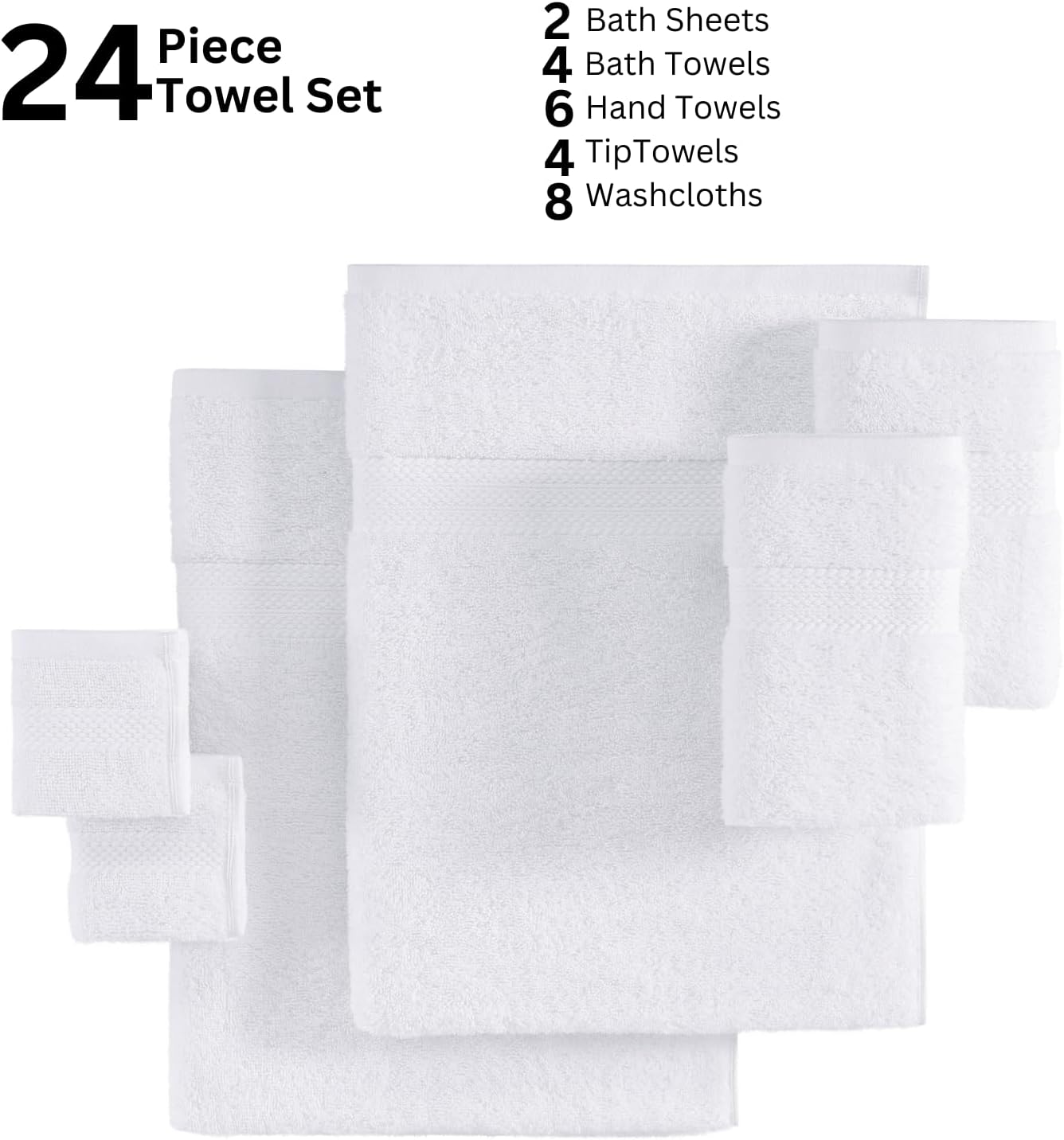 LANE LINEN 24 Piece Bathroom Towels – 100% Cotton Bath Towels Set, Quick Dry, Durable & Absorbent, 2 Bath Sheets, 4 Fingertip, 4 Bath, 6 Hand Towel & 8 Washcloths, Comfort Made for Family – White
