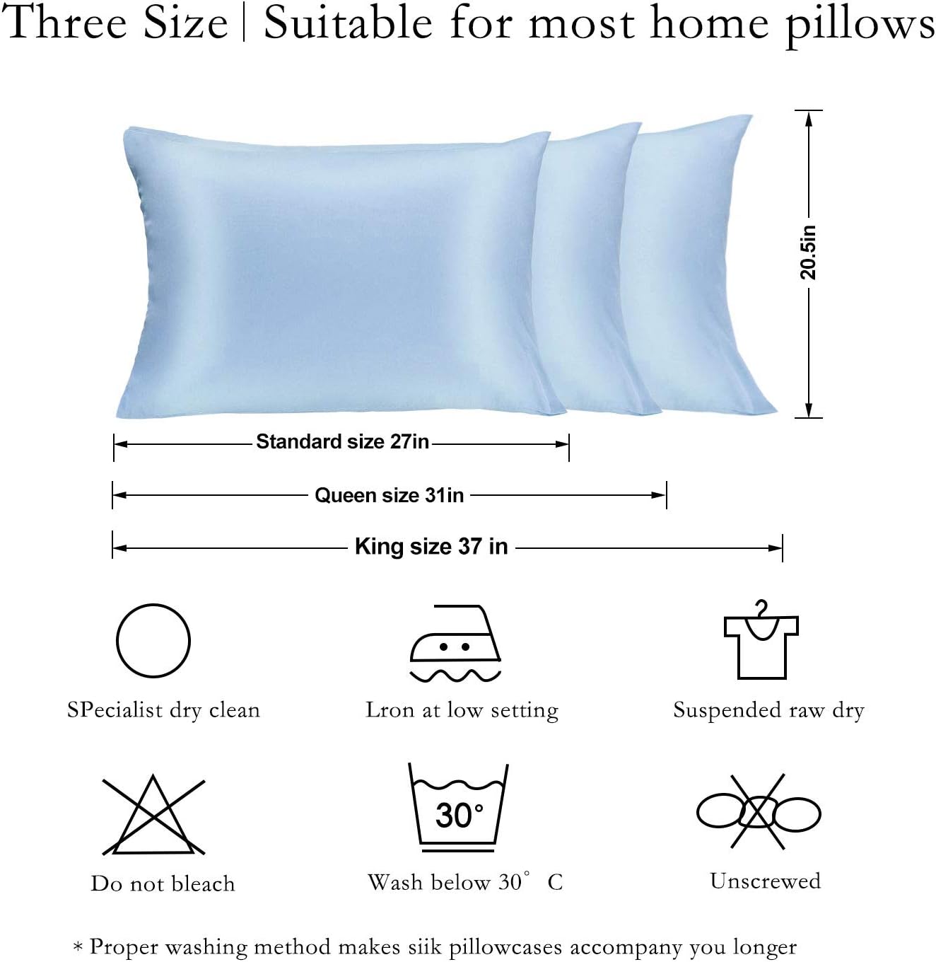 Silk Pillowcase for Hair and Skin 2 Pack 100% Mulberry Silk Bed Pillowcase Hypoallergenic Soft Breathable Both Sides Silk Pillow Case with Hidden Zipper, Pillow Cases (King, Blue)