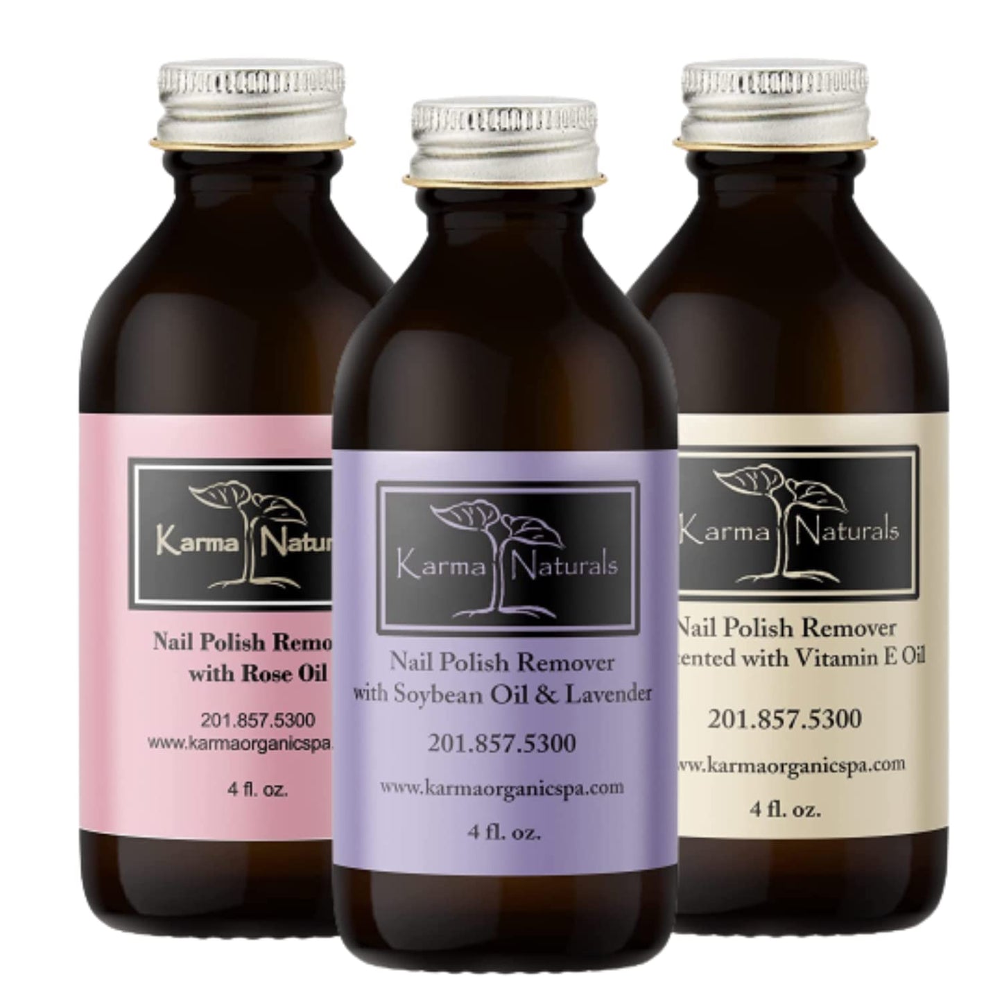 Karma Organic Nail Polish Remover Bundle - Includes Natural Lavender, Rose Oil, and Unscented Nail Polish Remover (4FL-Oz) (Multipack)