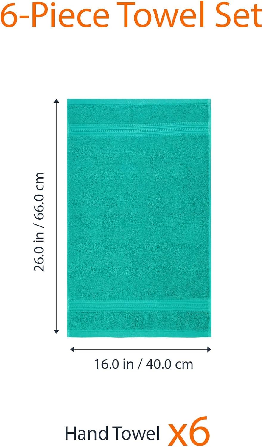 Amazon Basics 6 Piece hand towels for bathroom, Fade Resistant 100% Cotton Hand Towels, soft absorbent bathroom hand towels 6 - Pack (26''x16''), Teal