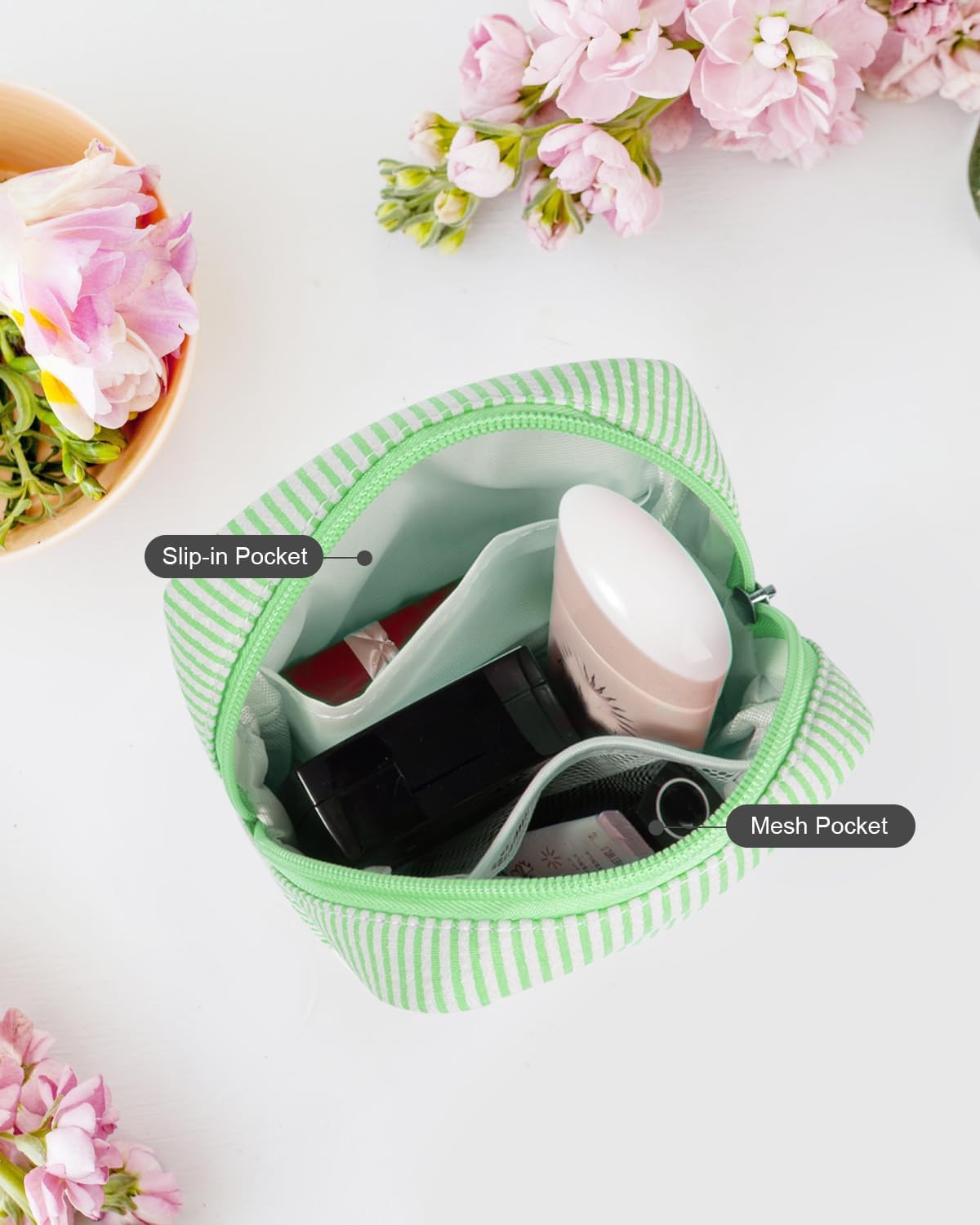 Mini Makeup Bag, Small Makeup Pouches for Purse Cute Cosmetics Bag Pouch with Slip-in Pockets Small Travel Toiletry Bag Makeup Storage Bag Lipstick Organizer Purse Essentials (Mini Green)