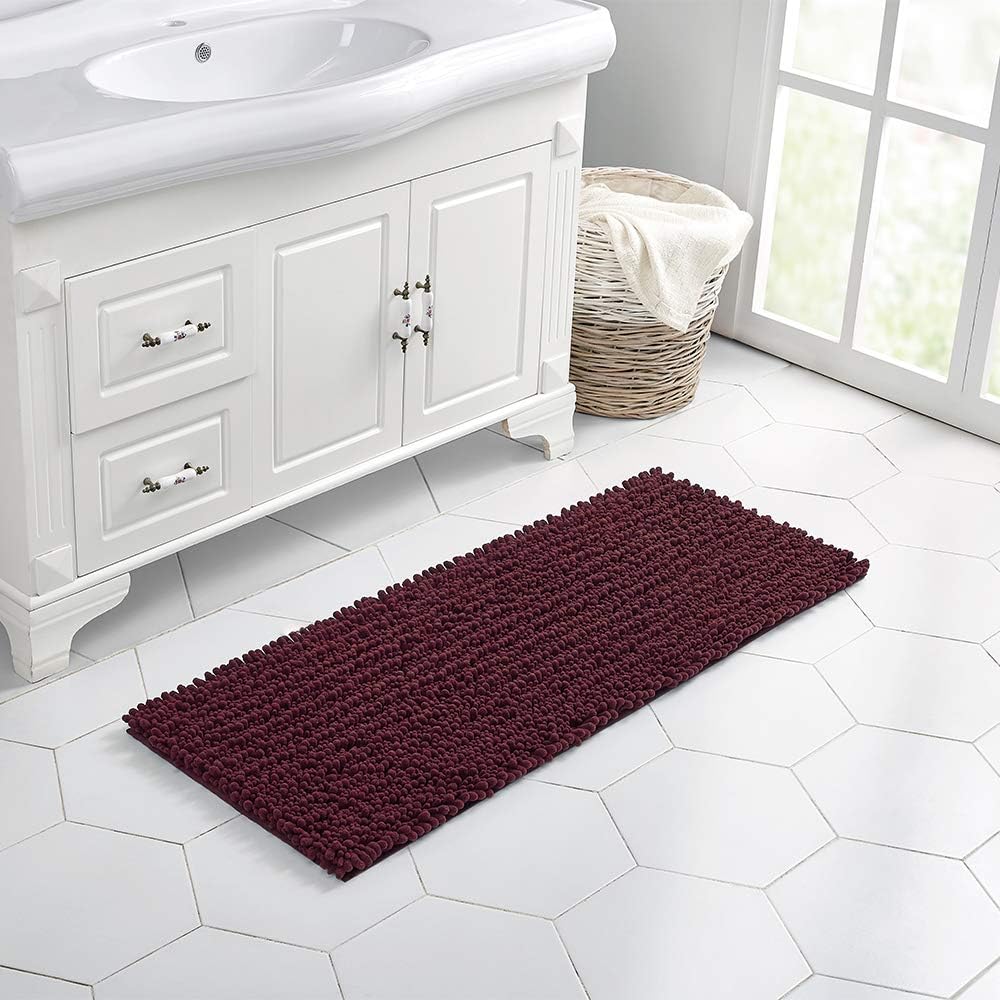 Walensee Large Bathroom Rug Non Slip Bath Mat (24x60 Inch Burgundy) Water Absorbent Super Soft Shaggy Chenille Machine Washable Dry Extra Thick Perfect Absorbant Best Plush Carpet for Shower Floor