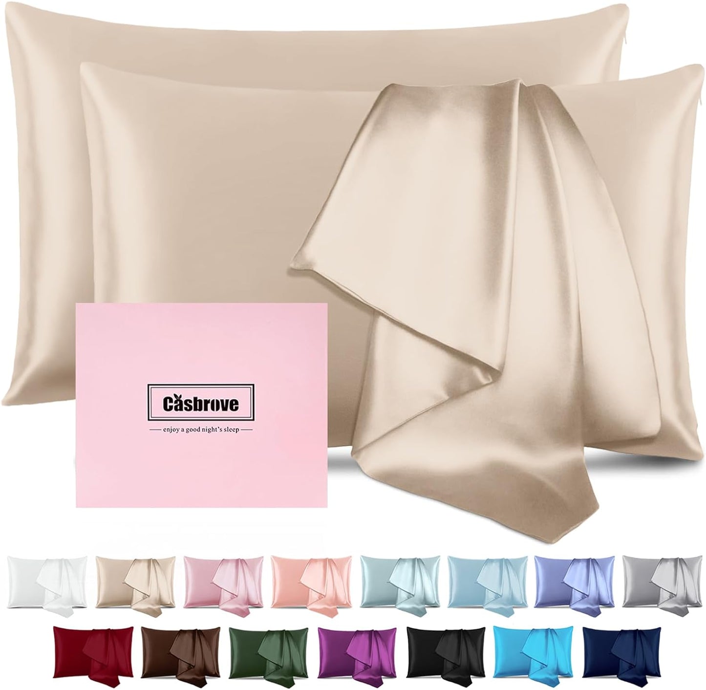 Silk Pillow Cases 2 Pack Mulberry Silk Pillow Cases Soft Breathable Both Sided Natural Silk Pillowcase with Zipper Beauty Sleep Silk Pillow Cases for Gift(Standard,Champagne)