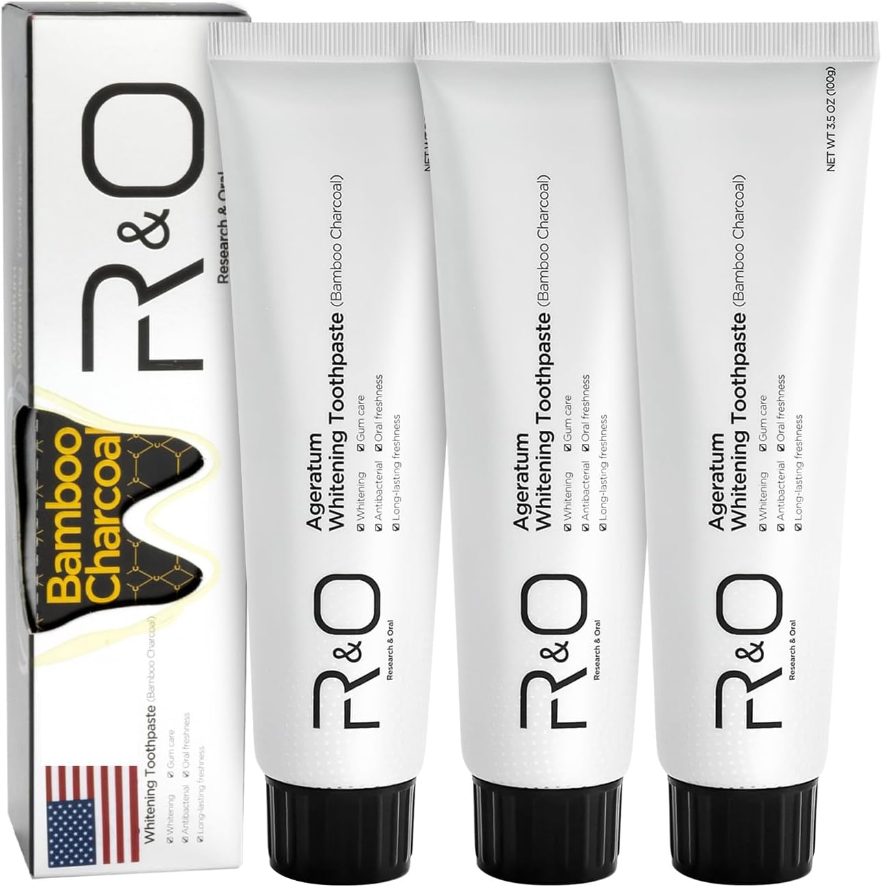 R&O Ageratum Whitening Toothpaste with Bamboo Charcoal, 3.53 oz - Removes Stubborn Stains, Great for Teeth Whitening, Reduces Plaque, Promotes Oral Health with Long - Lasting Fresh Breath (3 Tubes)