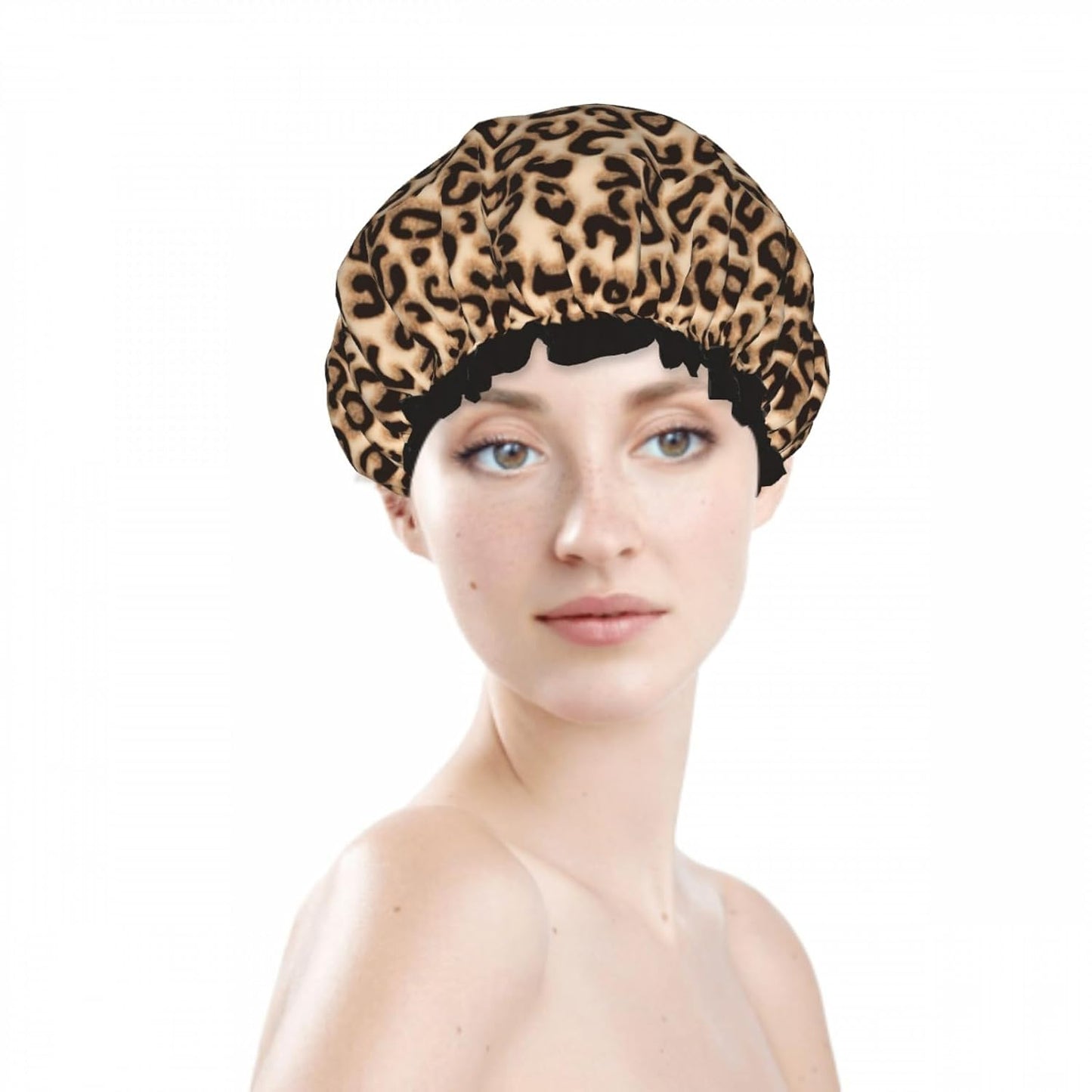 Leopard Double Layer Waterproof Shower Cap for Women Reusable Fashion Bath Cap for All Long Hair Lengths Soft Bath Shower Hat
