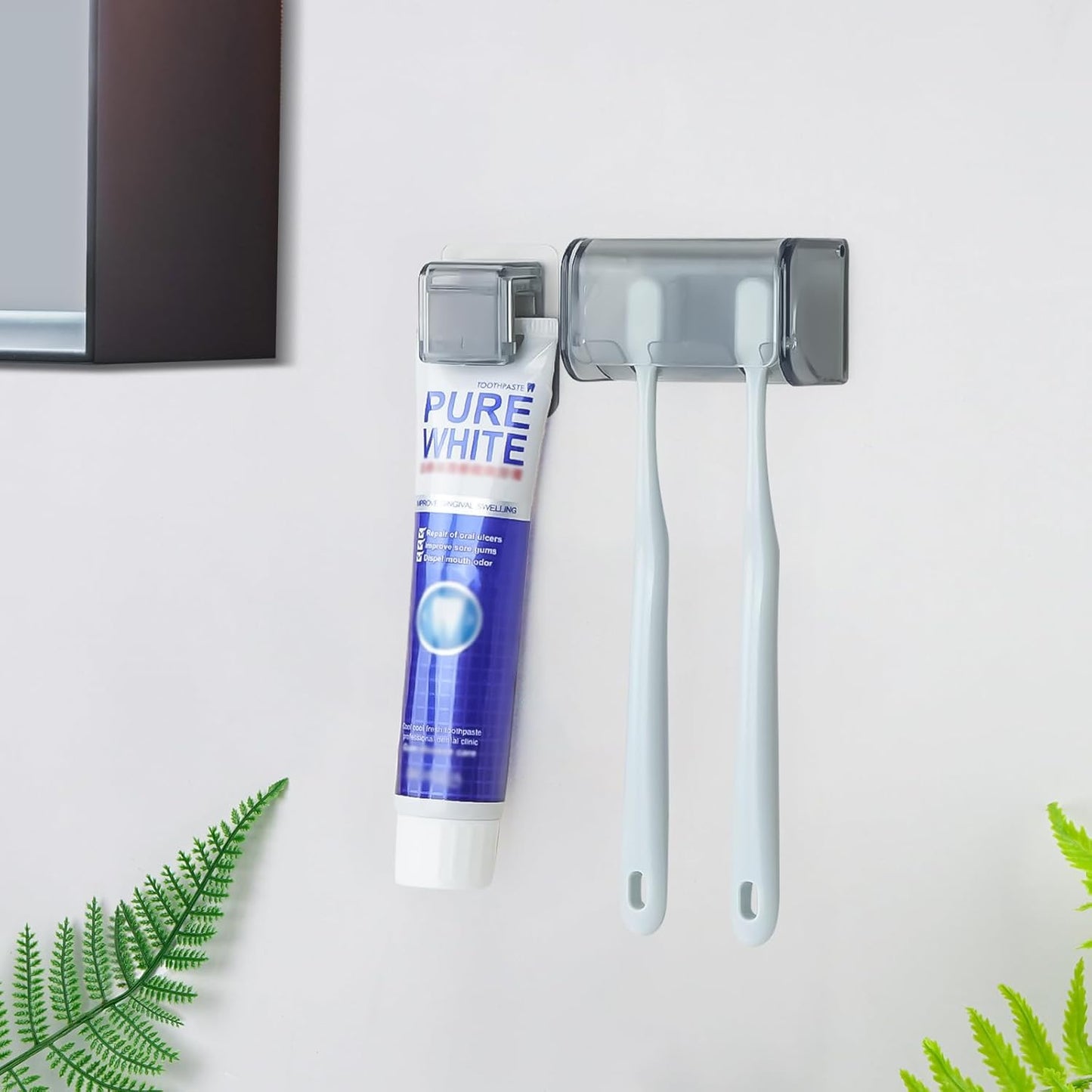 Toothbrush Holder Wall Mounted with Cover for Bathroom, 2 Slots Toothbrush Storage Organizer for Shower, Self Adhesive Toothbrush Hanger with Toothpaste Clip