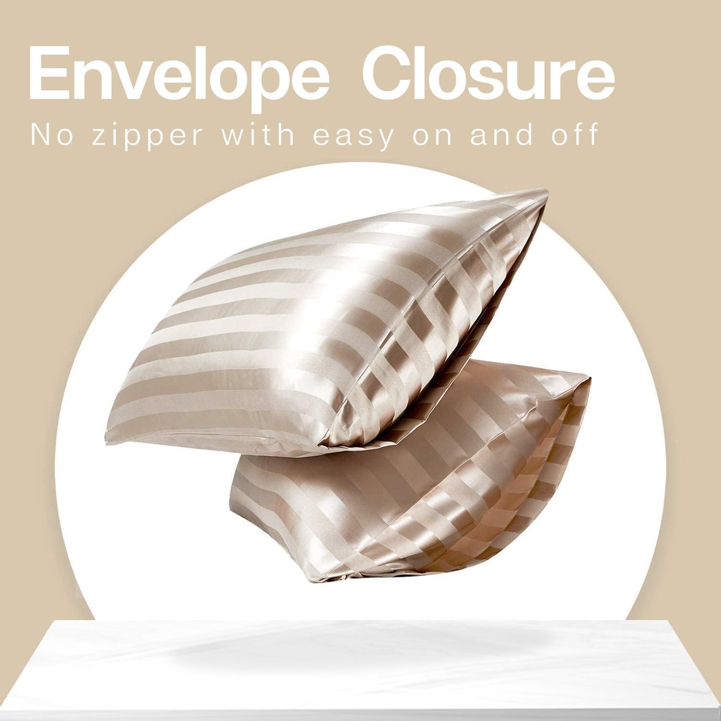 MR&HM Satin Pillowcase for Hair and Skin, Silk Satin Pillowcase 2 Pack, King Size Pillow Cases Set of 2, Silky Pillow Cover with Envelope Closure (20x36, Champagne Striped)