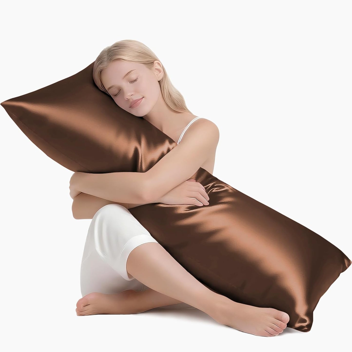 MR&HM Satin Body Pillow Cover, Soft and Breathable Body Pillow Case with Envelope Closure, Cooling and Silky Long Pillowcase for Hair and Skin,Grey (20x54, Brown)