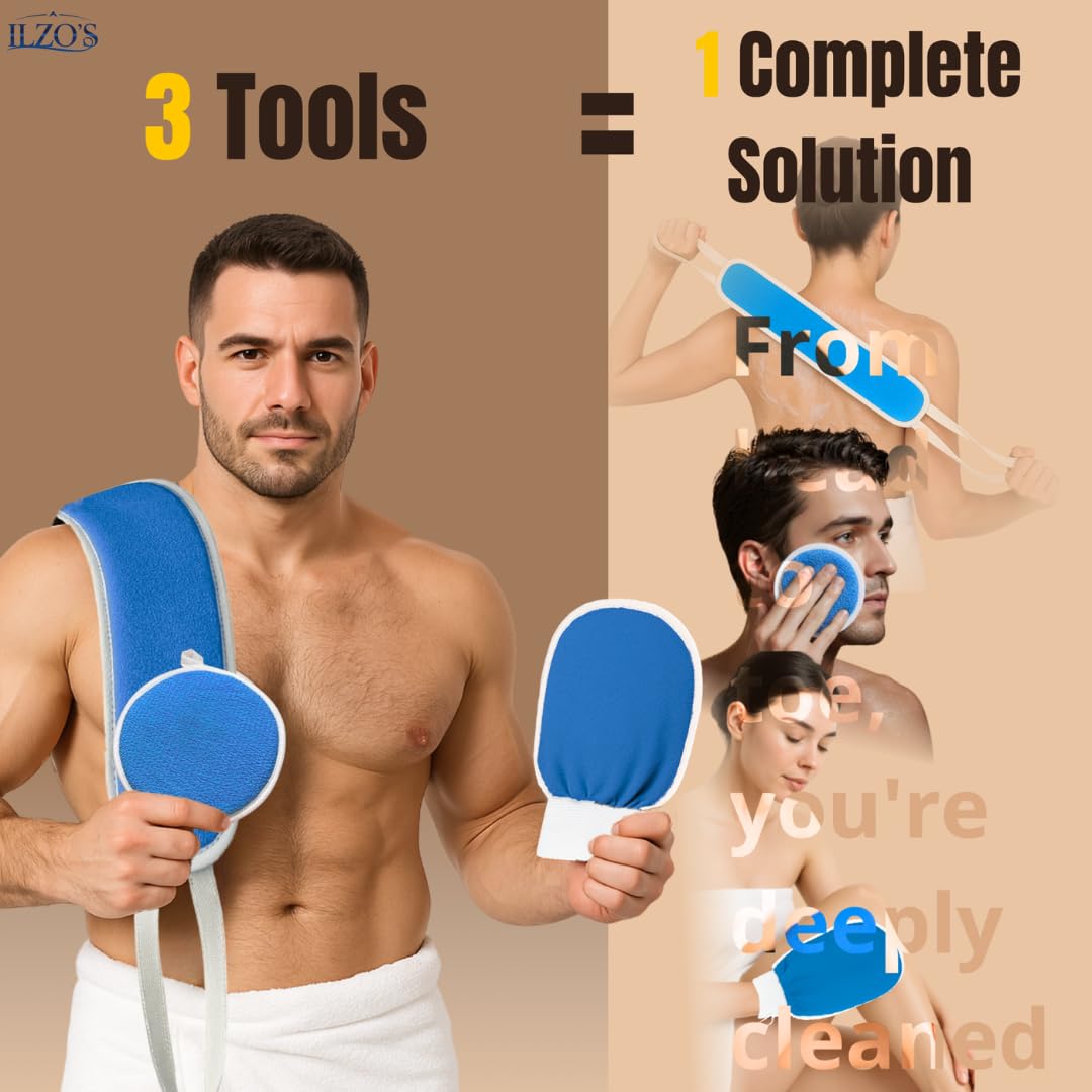 Original Moroccan Kessa Exfoliating Glove Set (ILZO’S) – 3-Piece Hammam Mitts for Face, Body & Back – Deep Skin Cleansing & Dead Skin Removal – Reusable Natural Exfoliator– Assorted Colors (TURQOUISE)