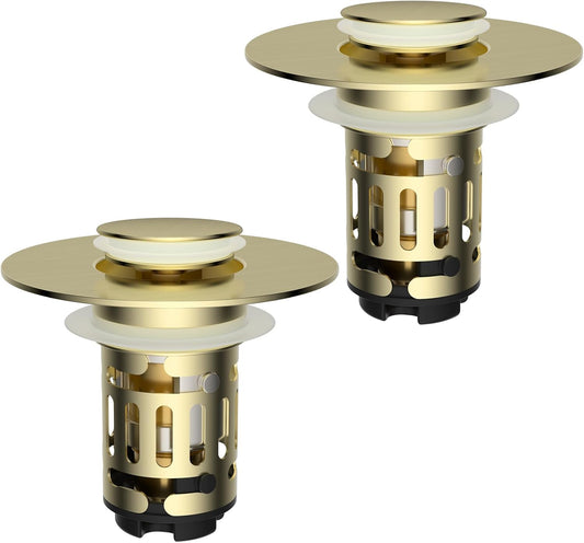 Hibbent 2 Pack Upgraded 3 in 1 Bathroom Sink Drain Strainer, Universal Pop Up Stopper with Removable Stainless Steel Filter Basket Hair Catcher, Sink Plug for 1.1''~2.36'' Basin, Brushed Gold