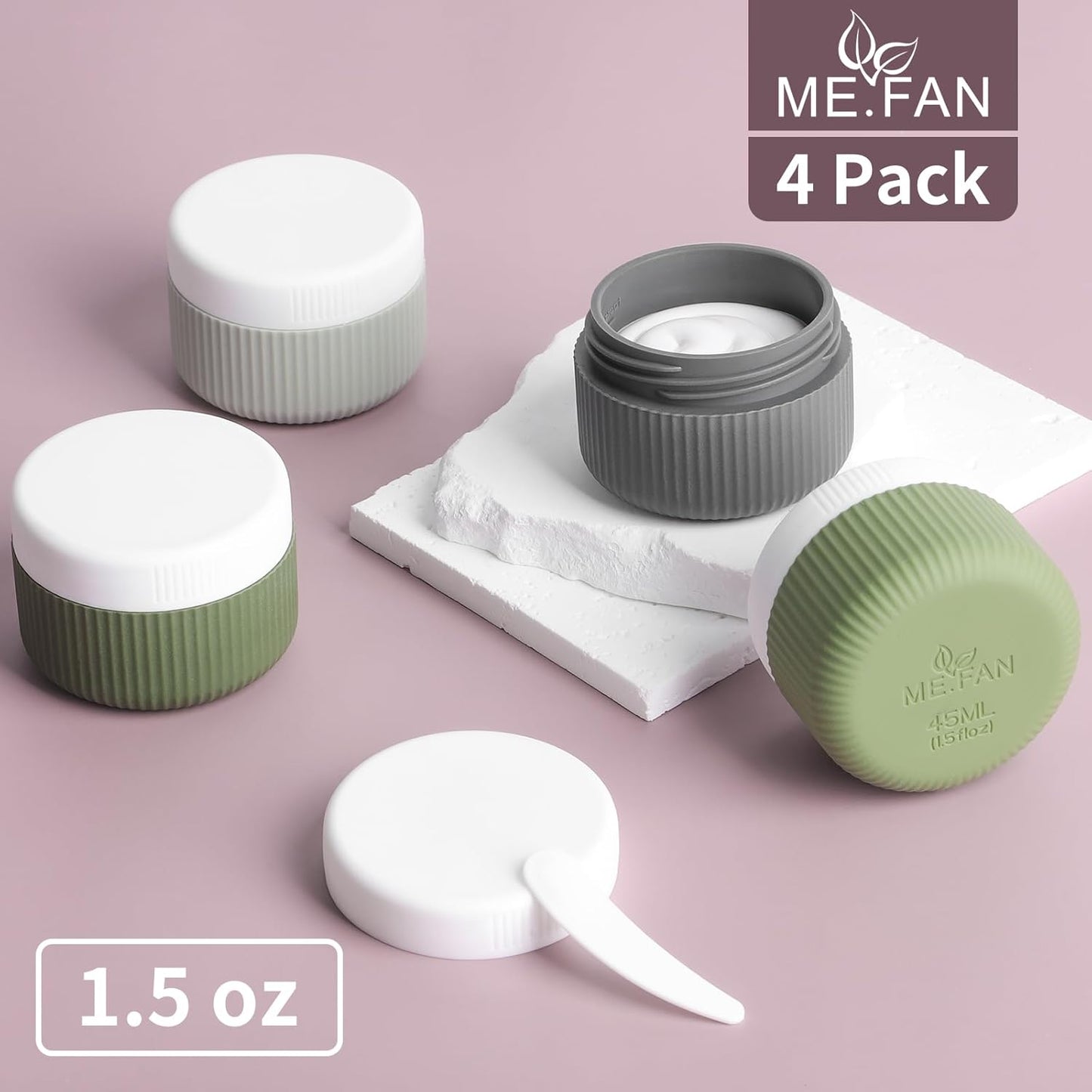 ME.FAN Travel Containers for Toiletries, TSA Approved 1.5 oz Silicone Cream Jars, Leak-proof Journey Containers, Trip Accessories with Lid for Cosmetic Face Hand 4 Pack White Lid - Desert Sage