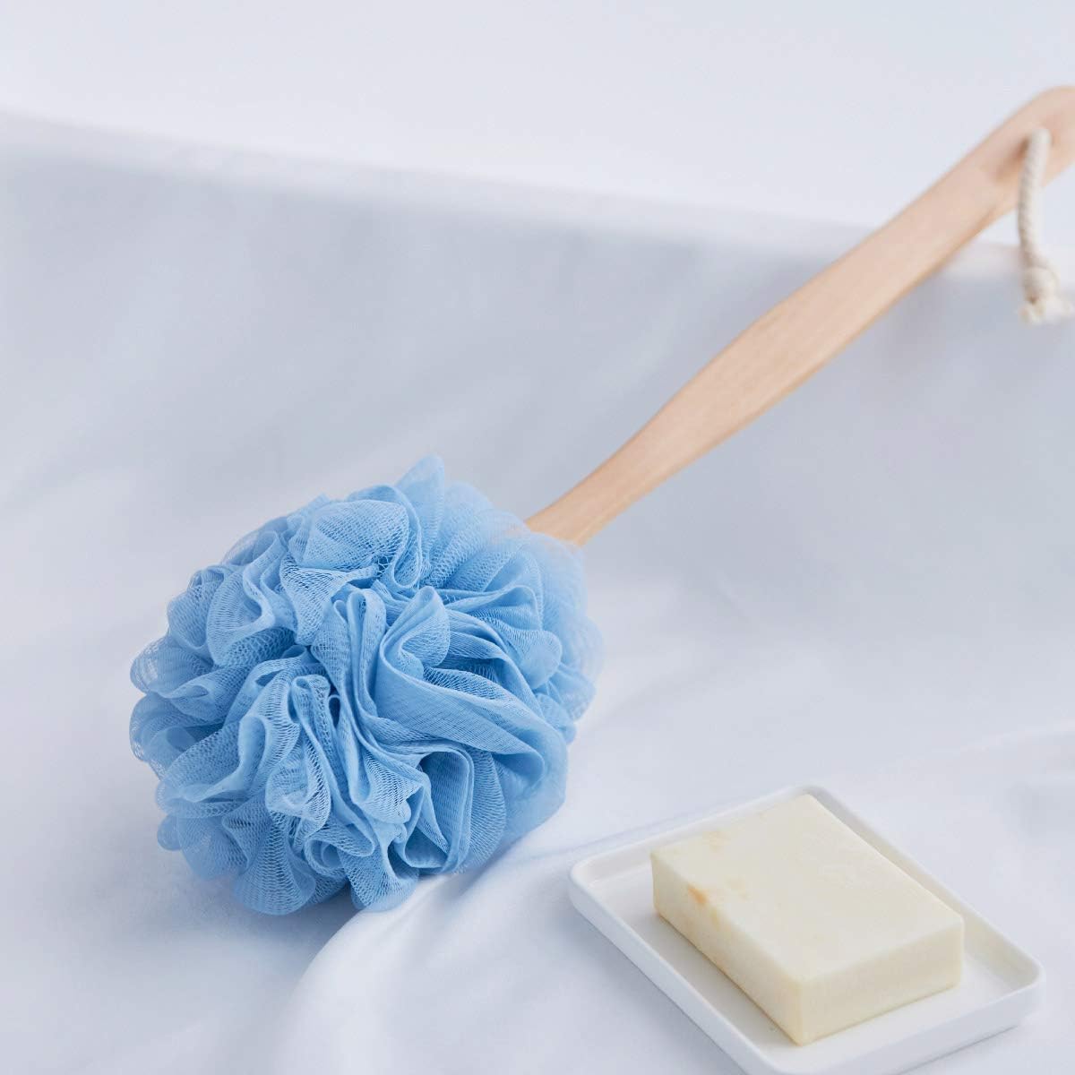 Loofah Back Scrubber for Shower, Wooden Long Handle Bath Sponge Lufa Shower Brush, Soft Nylon Mesh Back Cleaner Washer, Women & Men Exfoliating Luffa Pouf on a Stick for Body (Blue)