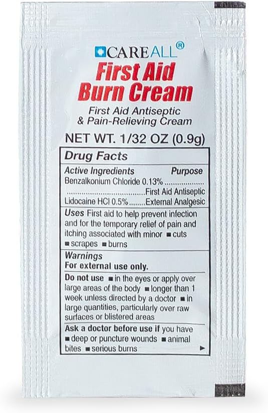 CareALL First Aid Burn Relief Cream 0.9g Packets (Pack of 25) Pain Relieving First Aid Cream for Temporary Relief of Pain from Minor Burns, Cuts, and Scrapes. Prevents Infection